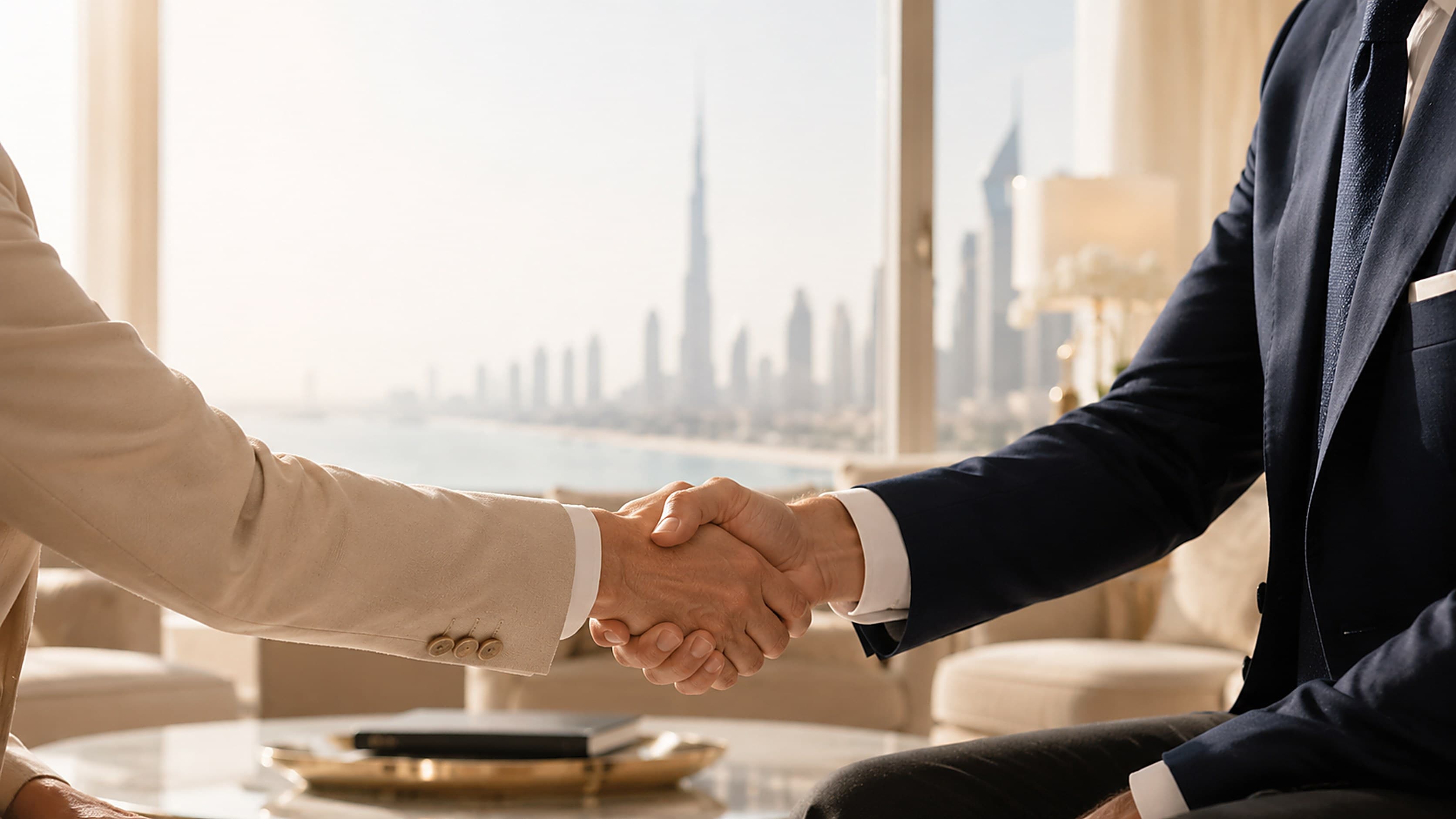 Poignée de main entre un client et son conseiller dans un salon avec vue sur la skyline de Dubaï, symbole de confiance