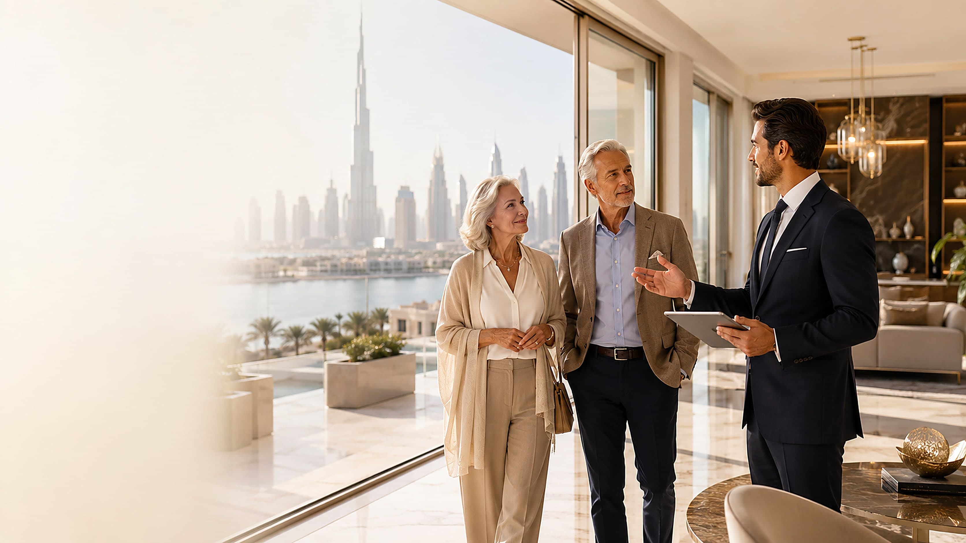 Un couple de seniors visite un appartement de standing à Dubaï avec un conseiller francophone, skyline et Burj Khalifa en arrière-plan