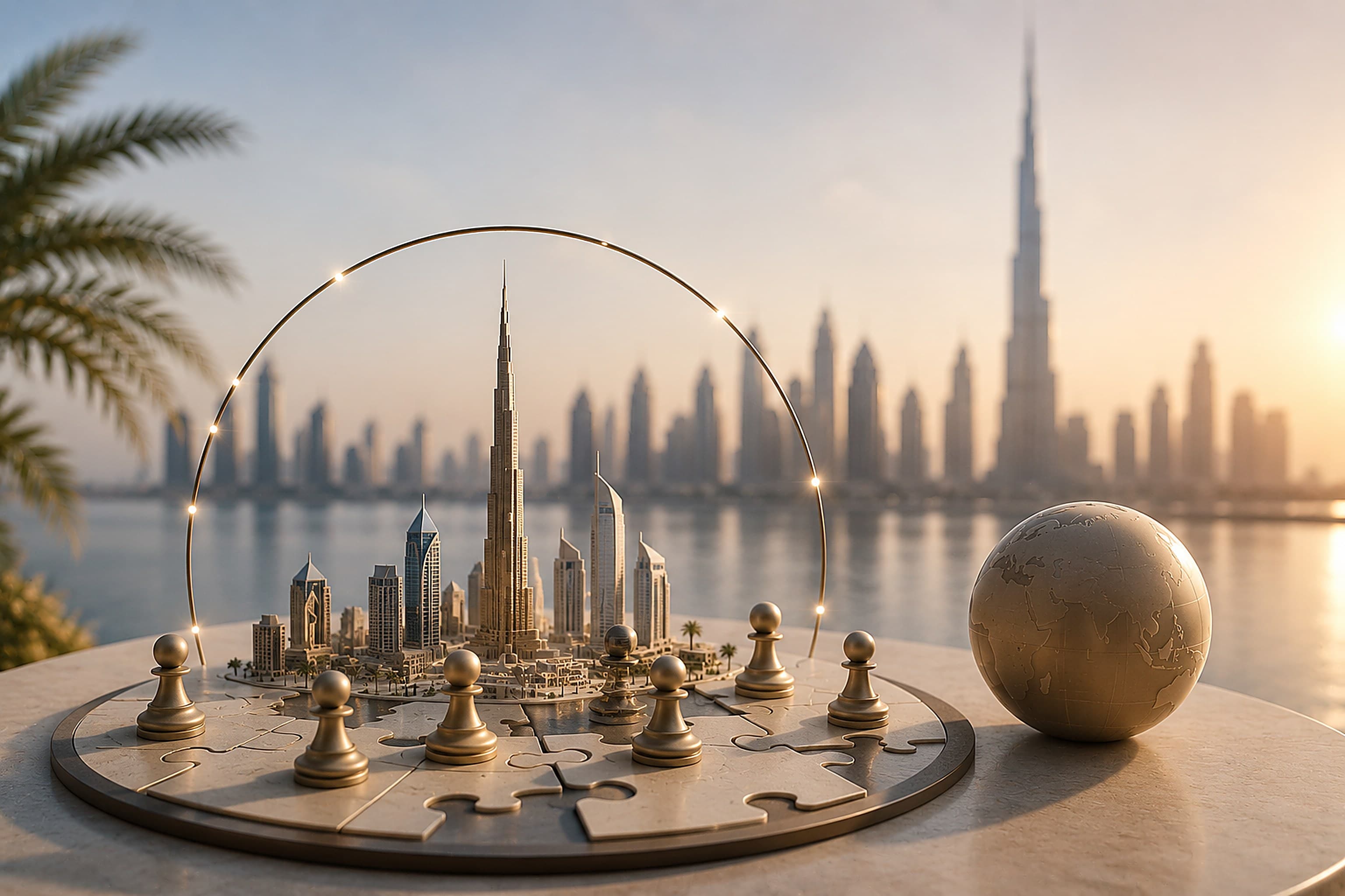 Maquette de la skyline de Dubaï posée sur un puzzle, entourée de pions et d’un globe, évoquant un écosystème de partenaires