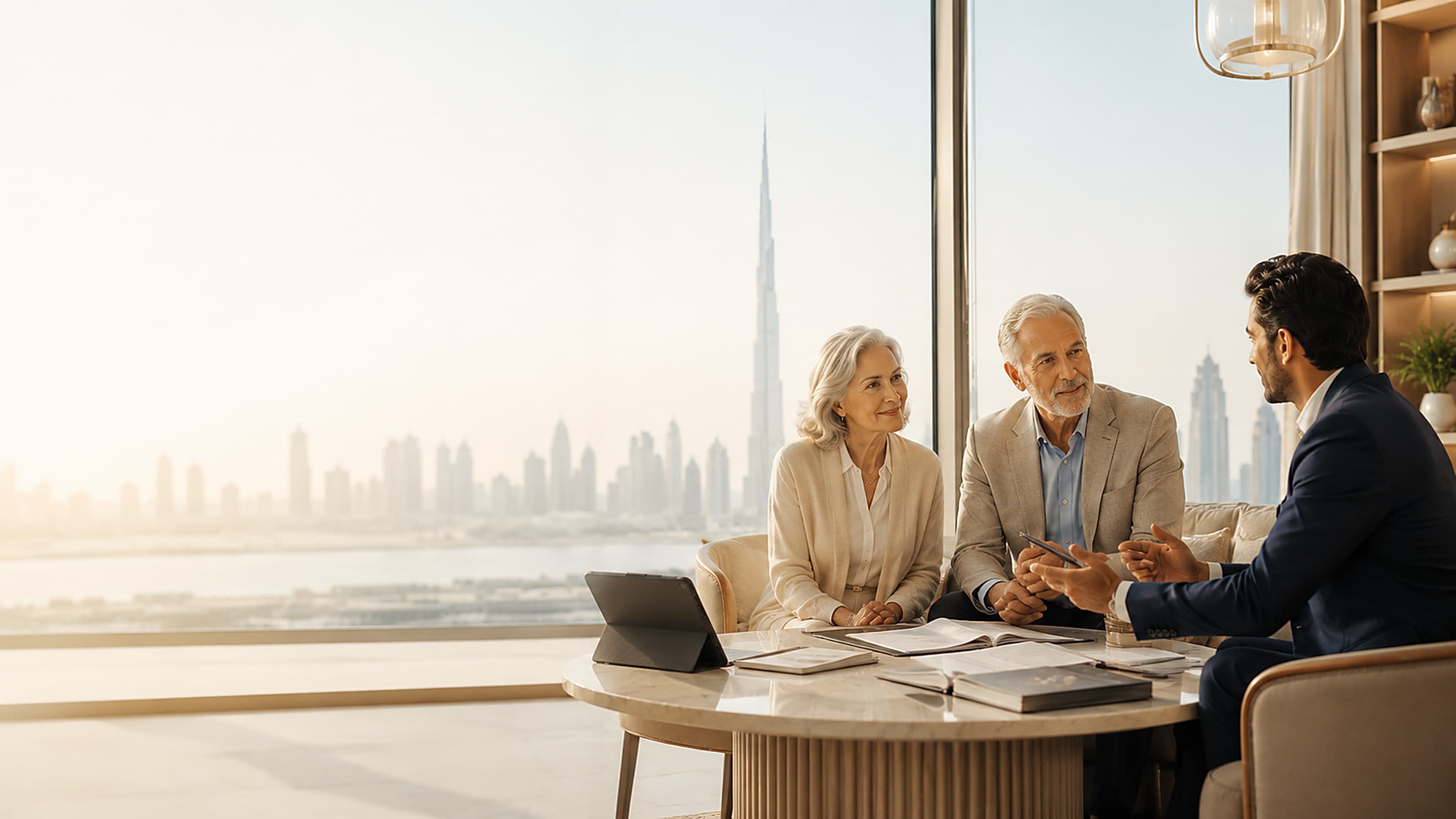 Un couple de seniors en rendez-vous avec un conseiller francophone, dans un appartement avec vue sur la skyline de Dubaï