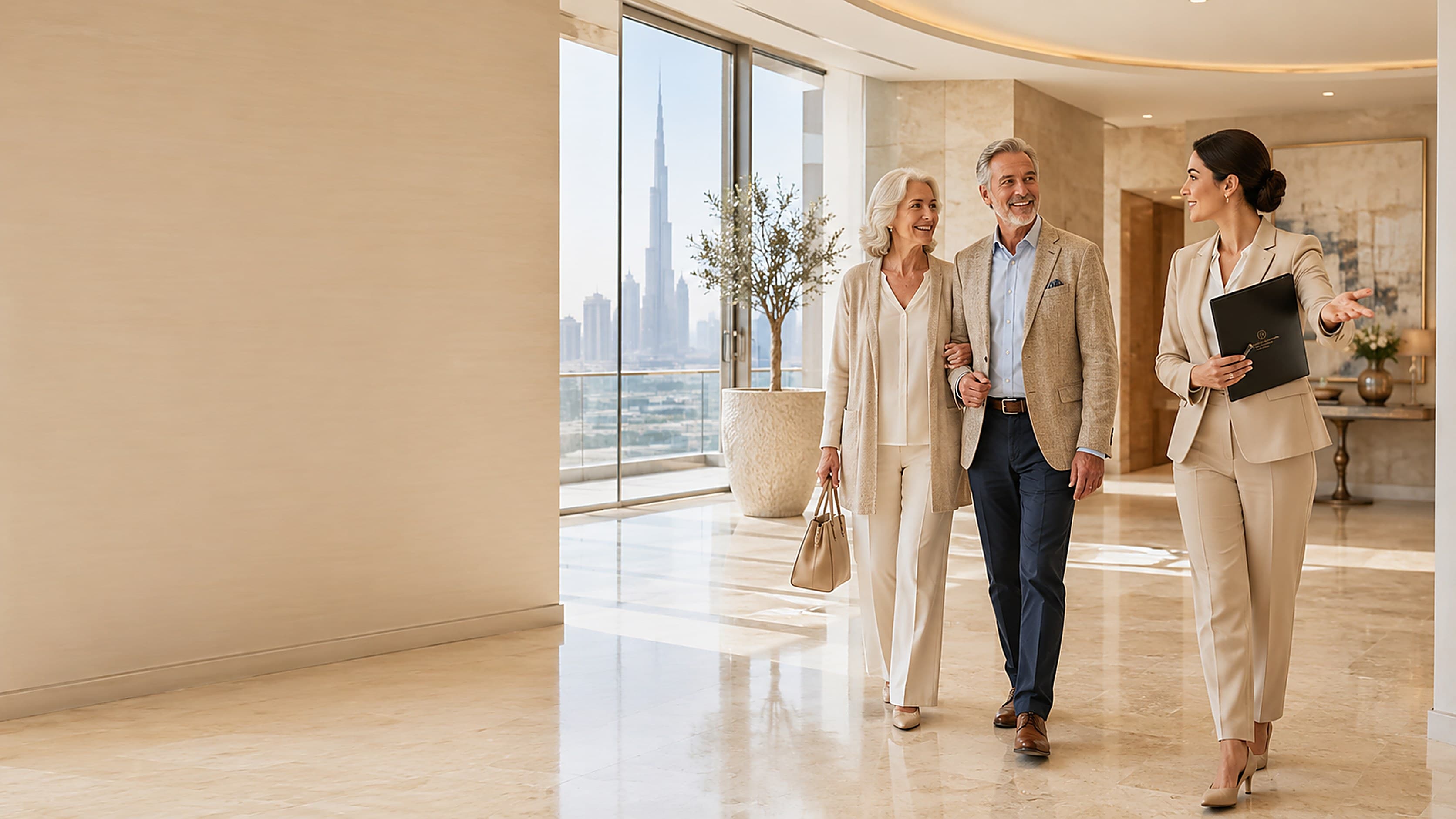 Un couple de seniors accompagné par une conseillère francophone dans un lobby de standing à Dubaï, skyline en arrière-plan