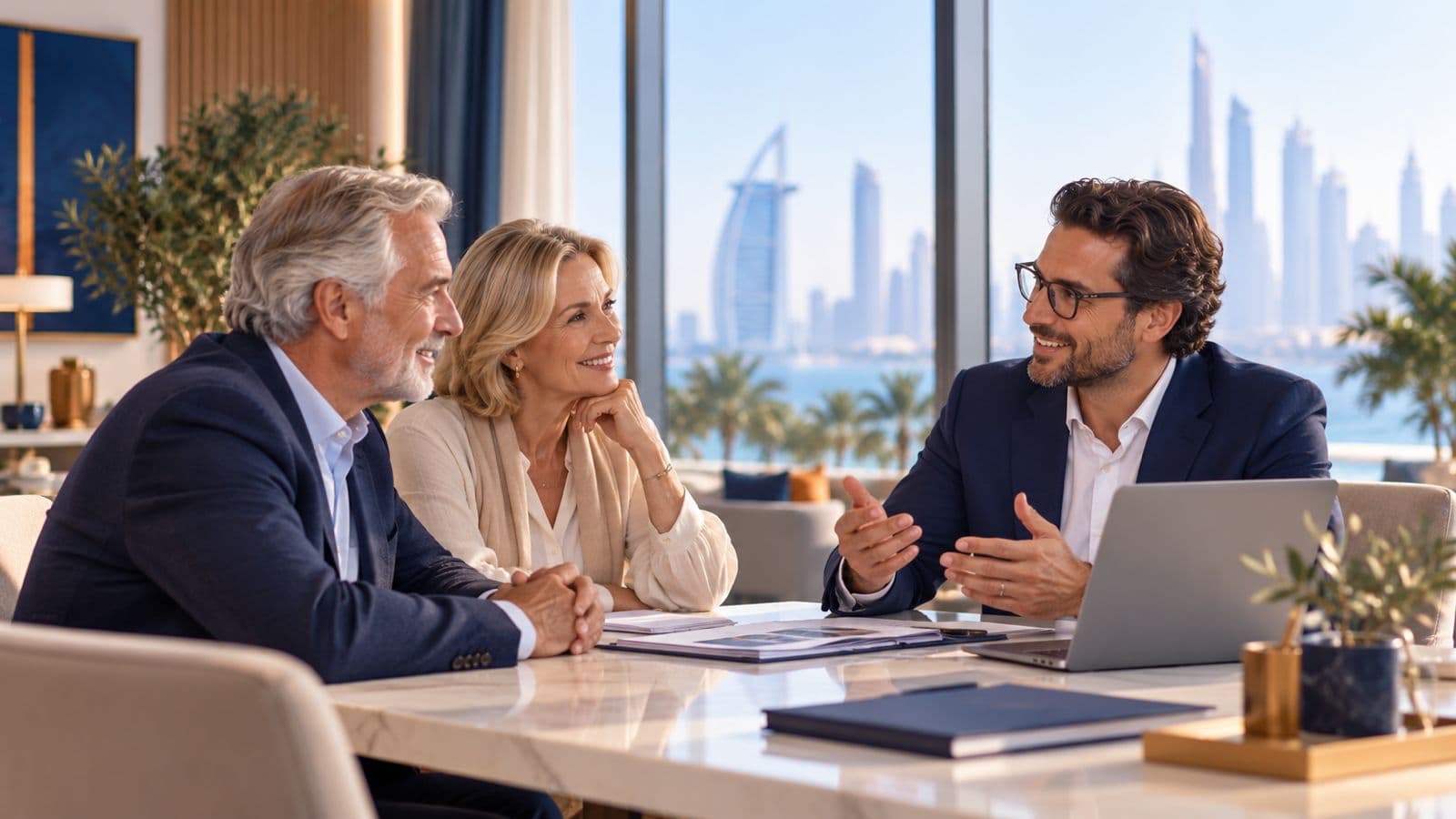 Un couple échange avec un conseiller Senior Dubai, face à la baie de Dubaï